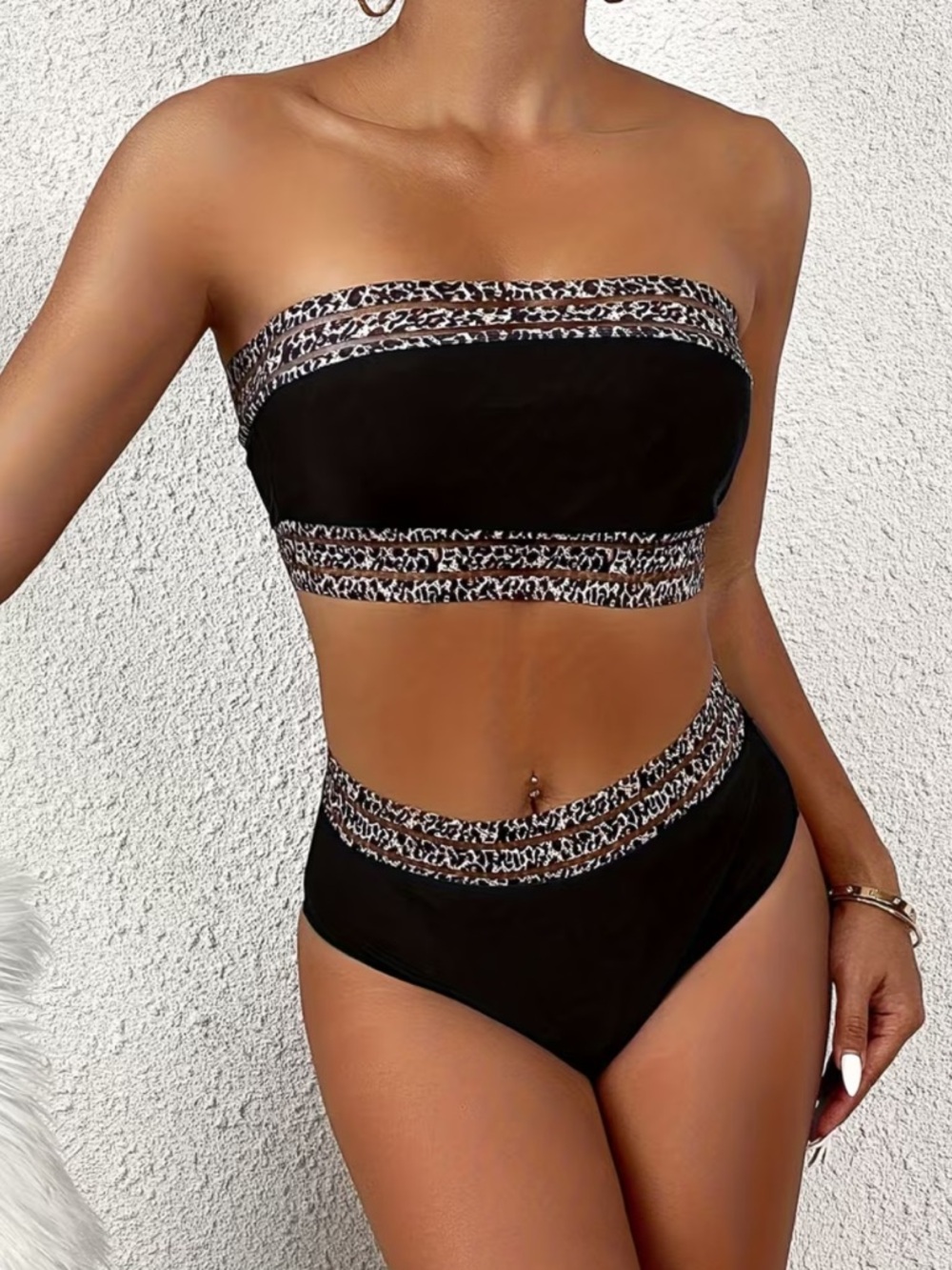 NWOT (2 PCS) Black High-Waist Bandeau Bikini with Mesh- Like Leopard Trim
